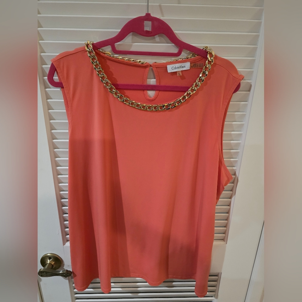 Calvin Klein Coral Top with Gold Chain Accent